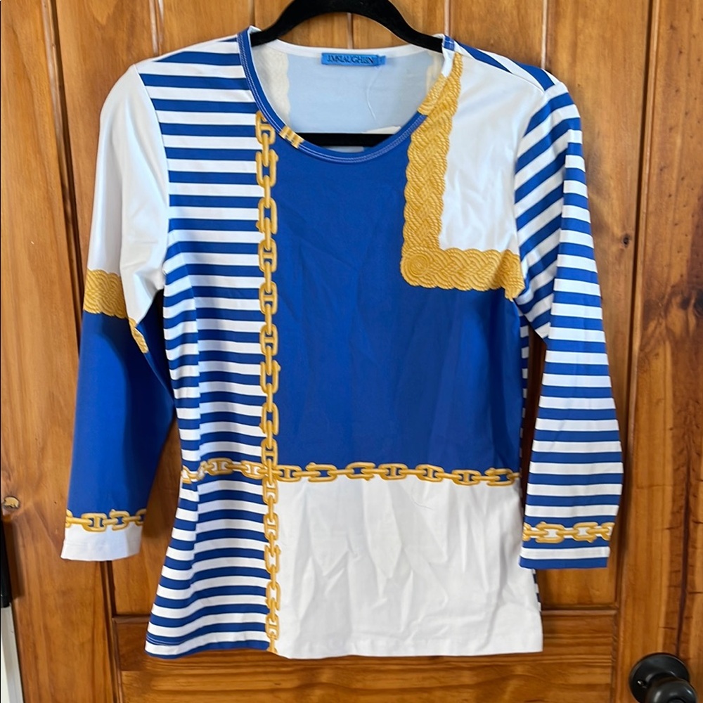 J. McLaughlin Blue White and Gold Chain-Print Long Sleeve Top